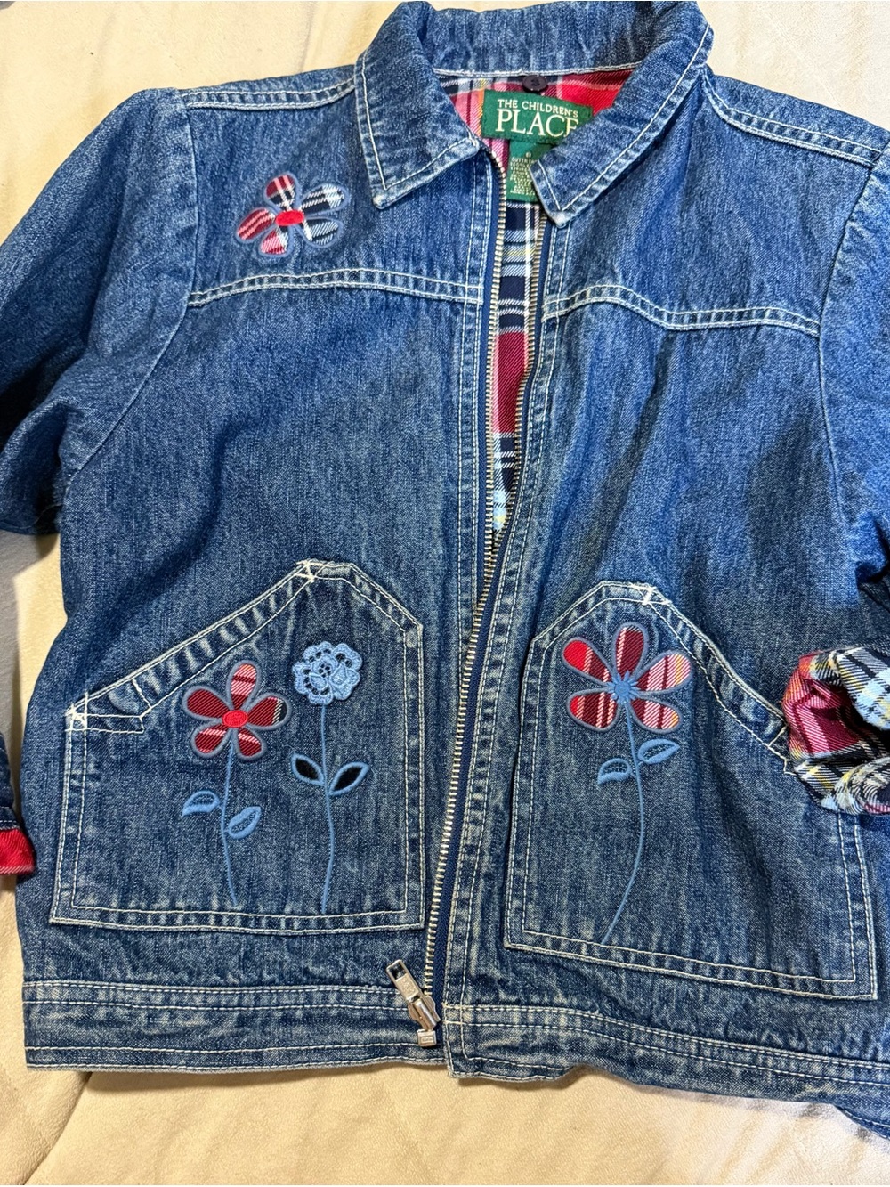 The Children's Place Blue Denim Jacket with Red Floral Appliques